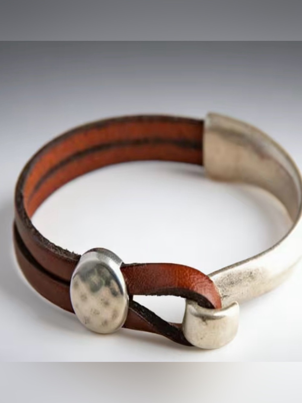 Brown Leather and Silver Cuff Bracelet - Men Accessories